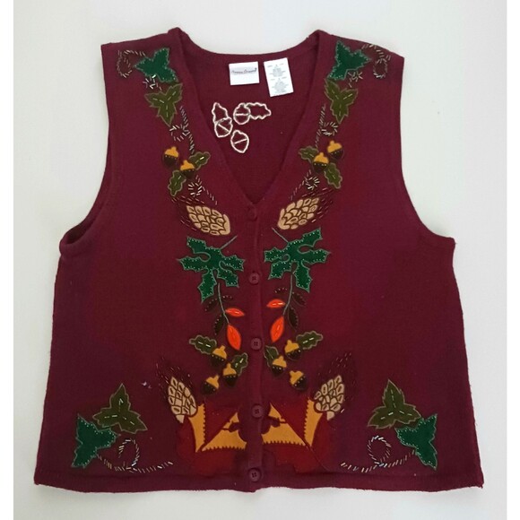 VTG Bobbie Brooks Burgundy Cotton Blend Fall Theme Knit Vest Sz L Applique Beads - Picture 1 of 7